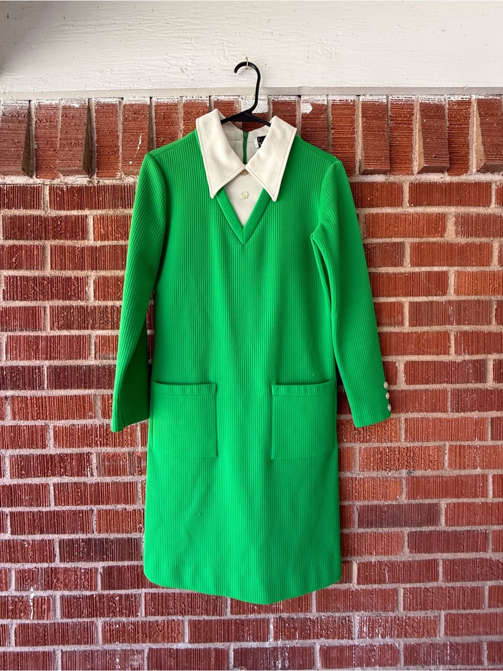 Vintage 60s / 70s neon green ribbed long sleeved midi dress
